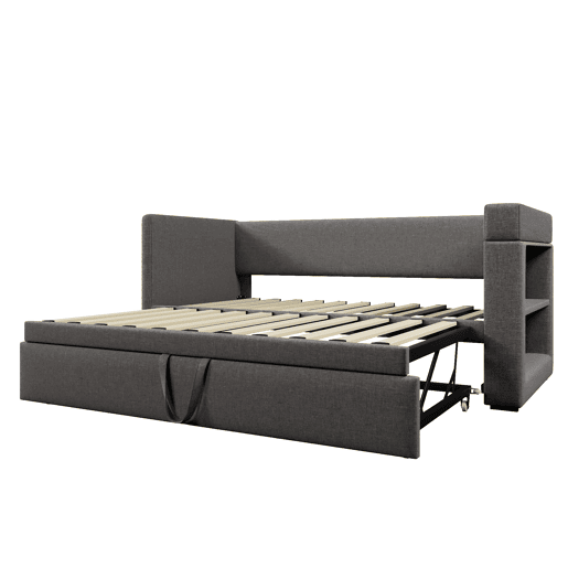 Sofá-cama 90x190 cm - Sofá individual com cama extraível, braços com portas USB e Type-C, porta-copos, tecido misto de linho - Cinza