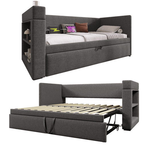 Sofá-cama 90x190 cm - Sofá individual com cama extraível, braços com portas USB e Type-C, porta-copos, tecido misto de linho - Cinza