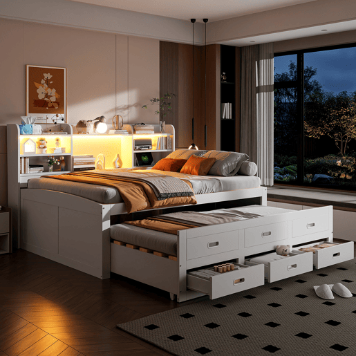 Sofá-cama, 140 x 200 cm - Extraível, LED, 3 gavetas, USB+Type-C, sem colchão - Branco