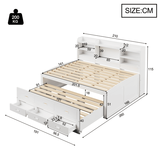 Sofá-cama, 140 x 200 cm - Extraível, LED, 3 gavetas, USB+Type-C, sem colchão - Branco