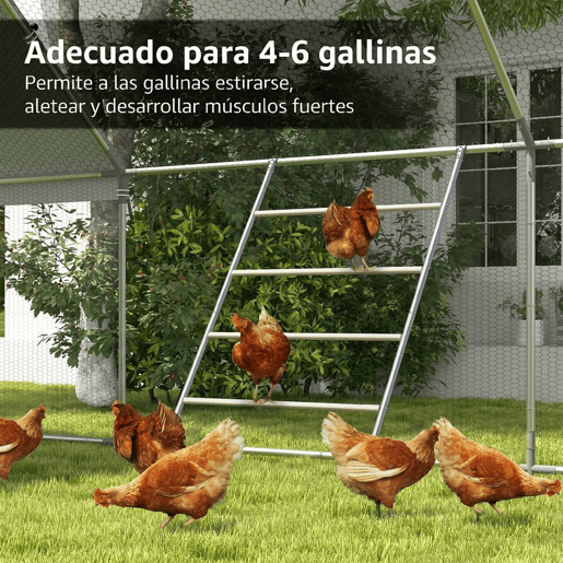 PawHut Poleiro para Galinhas de 4 Níveis, Escada de Madeira e Aço Galvanizado para 4-6 Galinhas 140x86 cm para Galinheiros com Tubos Metálicos de 25 mm Madeira