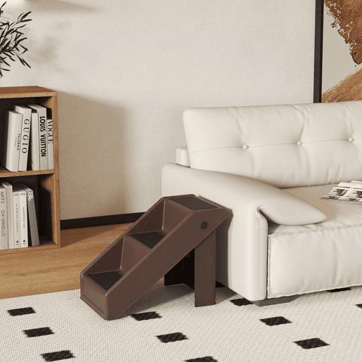 PawHut Escada Dobrável para Cães de 3 Degraus, Portátil, Escada para Animais de Estimação Idosos, Cães Pequenos, Gatos, para Cama, Sofá, 53x30,5x36,5 cm, Castanho