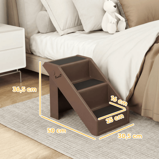 PawHut Escada Dobrável para Cães de 3 Degraus, Portátil, Escada para Animais de Estimação Idosos, Cães Pequenos, Gatos, para Cama, Sofá, 53x30,5x36,5 cm, Castanho