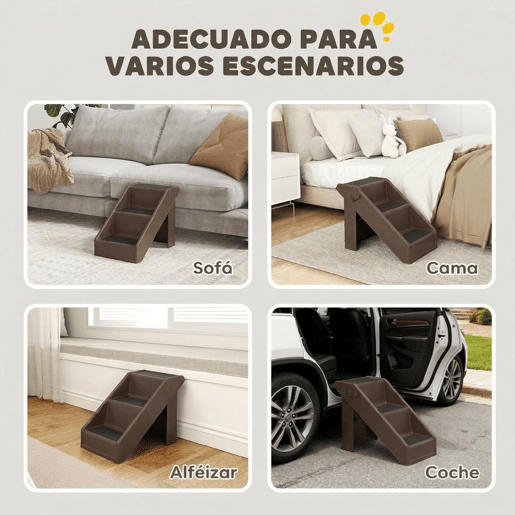 PawHut Escada Dobrável para Cães de 3 Degraus, Portátil, Escada para Animais de Estimação Idosos, Cães Pequenos, Gatos, para Cama, Sofá, 53x30,5x36,5 cm, Castanho