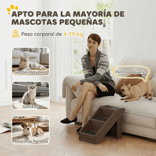 PawHut Escada Dobrável para Cães de 3 Degraus, Portátil, Escada para Animais de Estimação Idosos, Cães Pequenos, Gatos, para Cama, Sofá, 53x30,5x36,5 cm, Castanho