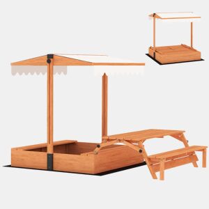 AIYAPLAY Caixa de Areia para Crianças em Madeira com Toldo Ajustável Mesa Dobrável de Piquenique com Bancos Caixa Infantil com Assentos Cobertura para 6 Crianças dos 3 aos 8 Anos para Jardim 184x110x120 cm Castanho