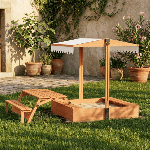 AIYAPLAY Caixa de Areia para Crianças em Madeira com Toldo Ajustável Mesa Dobrável de Piquenique com Bancos Caixa Infantil com Assentos Cobertura para 6 Crianças dos 3 aos 8 Anos para Jardim 184x110x120 cm Castanho