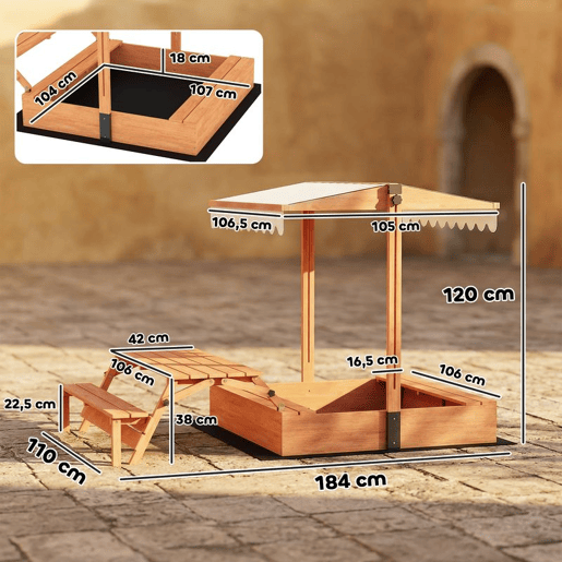 AIYAPLAY Caixa de Areia para Crianças em Madeira com Toldo Ajustável Mesa Dobrável de Piquenique com Bancos Caixa Infantil com Assentos Cobertura para 6 Crianças dos 3 aos 8 Anos para Jardim 184x110x120 cm Castanho