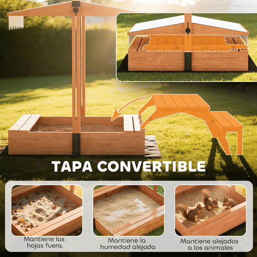 AIYAPLAY Caixa de Areia para Crianças em Madeira com Toldo Ajustável Mesa Dobrável de Piquenique com Bancos Caixa Infantil com Assentos Cobertura para 6 Crianças dos 3 aos 8 Anos para Jardim 184x110x120 cm Castanho