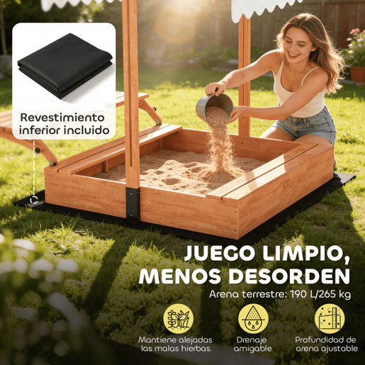 AIYAPLAY Caixa de Areia para Crianças em Madeira com Toldo Ajustável Mesa Dobrável de Piquenique com Bancos Caixa Infantil com Assentos Cobertura para 6 Crianças dos 3 aos 8 Anos para Jardim 184x110x120 cm Castanho
