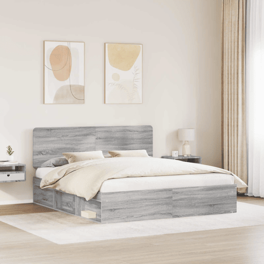 Estrutura de cama de casal king size com cabeceira - Cinza Sonoma 200 x 200 cm