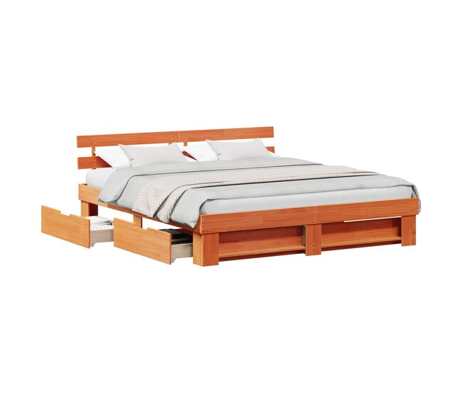 Estructura de cama matrimonial estilo con cabecera marrón cera 200 x 200 cm