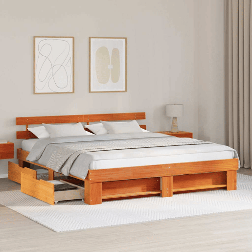 Estrutura de cama de casal simple com cabeceira - Marrom Cera 200 x 200 cm