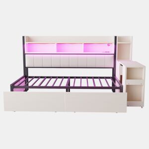 Sofá-cama 90x200 cm - Com arrumação, tomadas multifuncionais, iluminação LED, mesa extensível - Branco