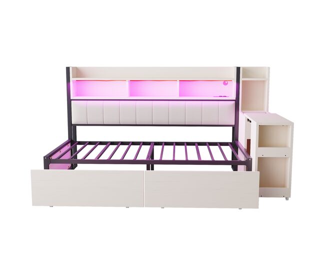 Sofá cama 90x200 cm - con almacenamiento, enchufes multifuncionales, iluminación led, mesa extensible - blanco