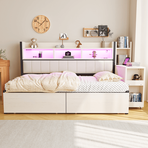 Sofá-cama 90x200 cm - Com arrumação, tomadas multifuncionais, iluminação LED, mesa extensível - Branco