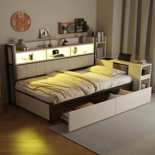 Sofá-cama 90x200 cm - Com arrumação, tomadas multifuncionais, iluminação LED, mesa extensível - Branco