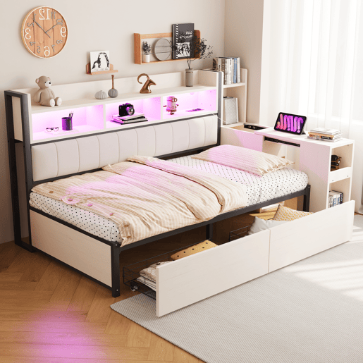 Sofá-cama 90x200 cm - Com arrumação, tomadas multifuncionais, iluminação LED, mesa extensível - Branco