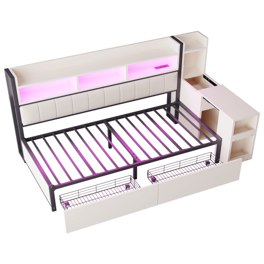 Sofá-cama 90x200 cm - Com arrumação, tomadas multifuncionais, iluminação LED, mesa extensível - Branco