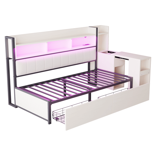 Sofá-cama 90x200 cm - Com arrumação, tomadas multifuncionais, iluminação LED, mesa extensível - Branco