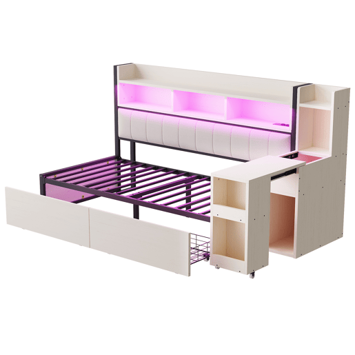 Sofá-cama 90x200 cm - Com arrumação, tomadas multifuncionais, iluminação LED, mesa extensível - Branco