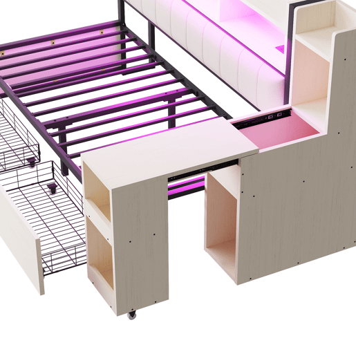 Sofá-cama 90x200 cm - Com arrumação, tomadas multifuncionais, iluminação LED, mesa extensível - Branco