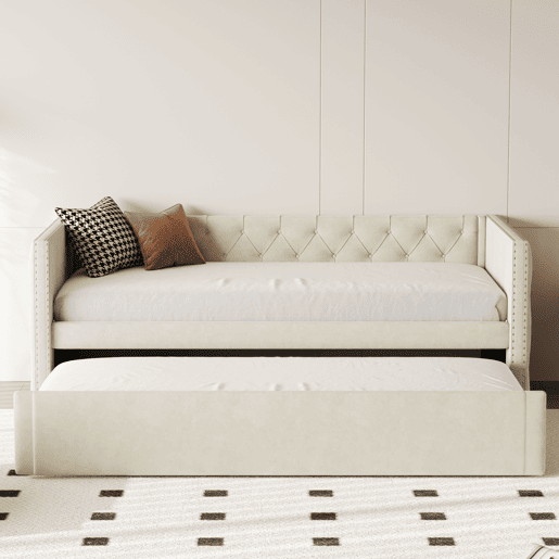 Sofá-cama 90x200 cm - Com estrado, multifuncional, tecido de veludo, bege