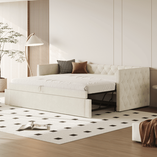 Sofá-cama 90x200 cm - Com estrado, multifuncional, tecido de veludo, bege