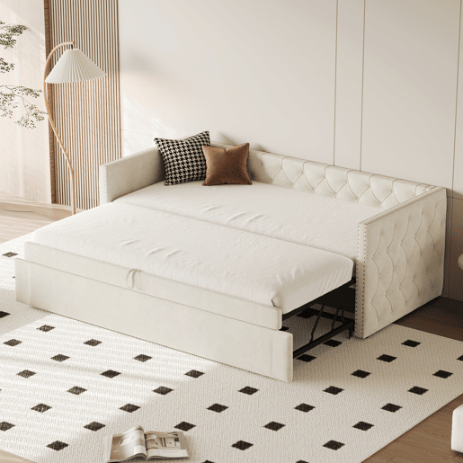 Sofá-cama 90x200 cm - Com estrado, multifuncional, tecido de veludo, bege