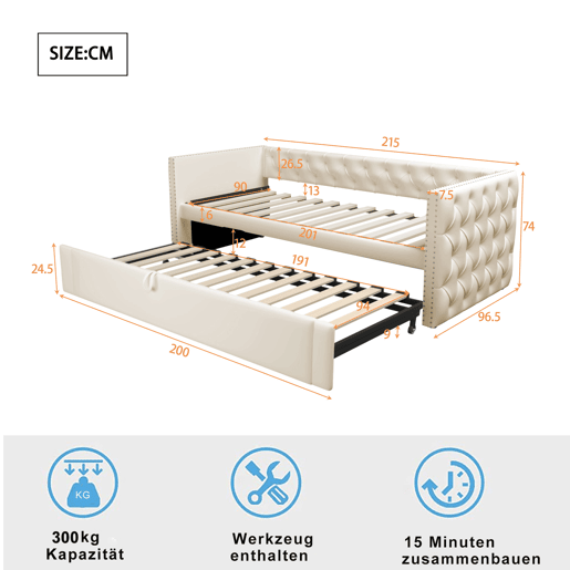 Sofá-cama 90x200 cm - Com estrado, multifuncional, tecido de veludo, bege