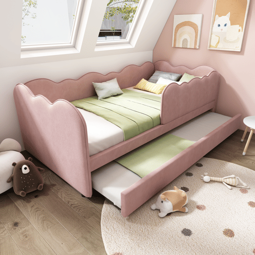 Cama Polsterbett 90x190 cm - Sofá-cama com cama extraível, com estrado, Veludo, Rosa