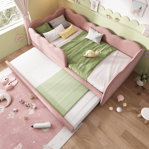 Cama Polsterbett 90x190 cm - Sofá-cama com cama extraível, com estrado, Veludo, Rosa