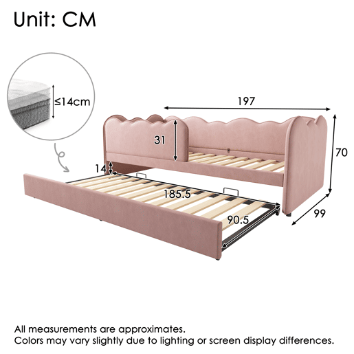 Cama Polsterbett 90x190 cm - Sofá-cama com cama extraível, com estrado, Veludo, Rosa