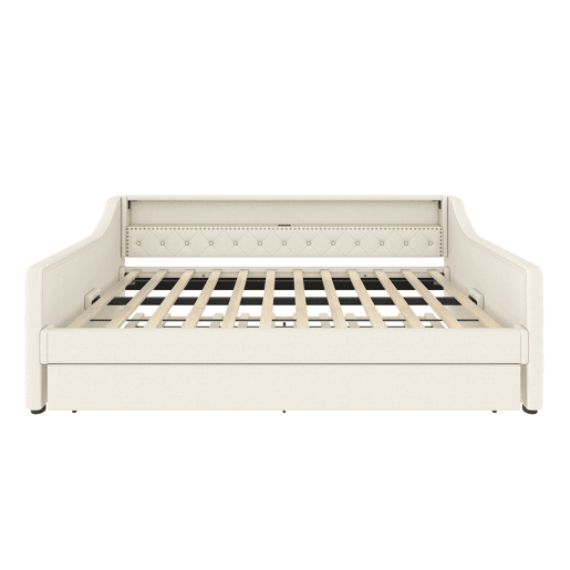 Cama de dia 90x200 cm - Sofá-cama, com estrado, luzes LED, cama extensível, USB - Bege