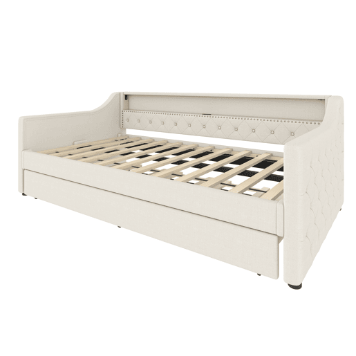 Cama de dia 90x200 cm - Sofá-cama, com estrado, luzes LED, cama extensível, USB - Bege
