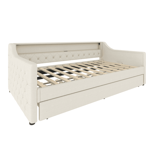 Cama de dia 90x200 cm - Sofá-cama, com estrado, luzes LED, cama extensível, USB - Bege