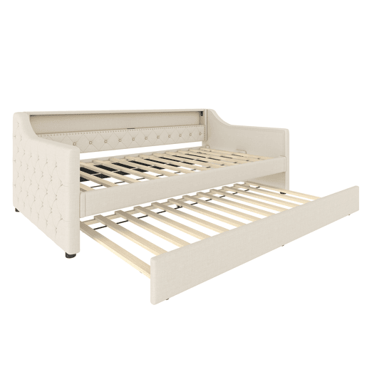 Cama de dia 90x200 cm - Sofá-cama, com estrado, luzes LED, cama extensível, USB - Bege