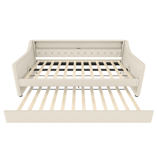 Cama de dia 90x200 cm - Sofá-cama, com estrado, luzes LED, cama extensível, USB - Bege