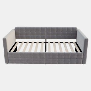Sofá-cama 90x190 cm - Estilo clássico, com arrumação e 2 gavetas, veludo, cinzento