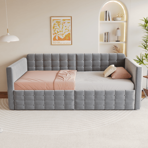 Sofá-cama 90x190 cm - Estilo clássico, com arrumação e 2 gavetas, veludo, cinzento