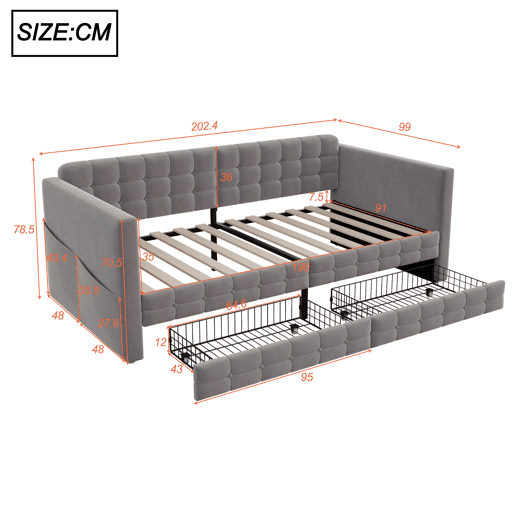 Sofá-cama 90x190 cm - Estilo clássico, com arrumação e 2 gavetas, veludo, cinzento