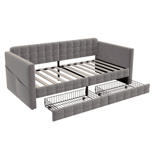 Sofá-cama 90x190 cm - Estilo clássico, com arrumação e 2 gavetas, veludo, cinzento