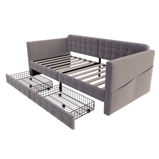 Sofá-cama 90x190 cm - Estilo clássico, com arrumação e 2 gavetas, veludo, cinzento