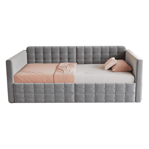 Sofá-cama 90x190 cm - Estilo clássico, com arrumação e 2 gavetas, veludo, cinzento