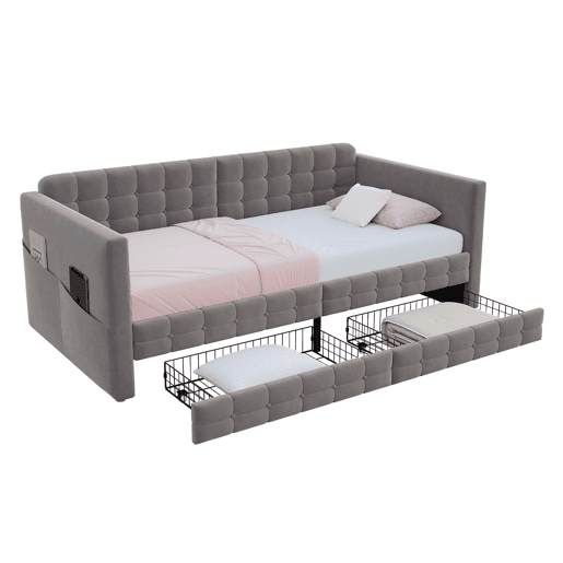 Sofá-cama 90x190 cm - Estilo clássico, com arrumação e 2 gavetas, veludo, cinzento