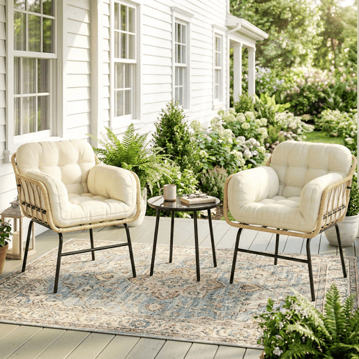 Outsunny Conjunto de Jardim Exterior de 3 Peças Mobiliário de Jardim em Ratã PE 2 Cadeiras com Almofadas Suaves e Mesa com Vidro Temperado Resistente às Intempéries para Varanda Terraço Caqui