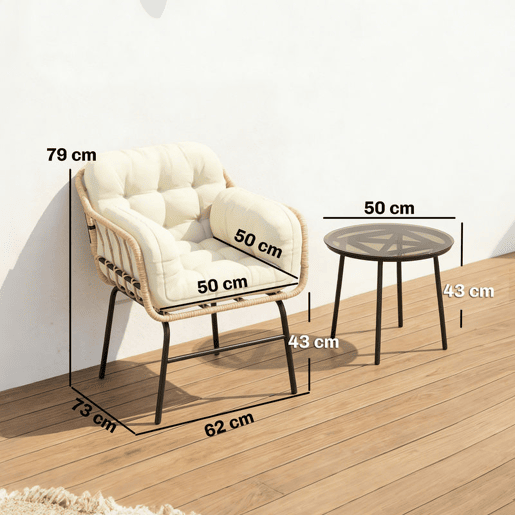 Outsunny Conjunto de Jardim Exterior de 3 Peças Mobiliário de Jardim em Ratã PE 2 Cadeiras com Almofadas Suaves e Mesa com Vidro Temperado Resistente às Intempéries para Varanda Terraço Caqui