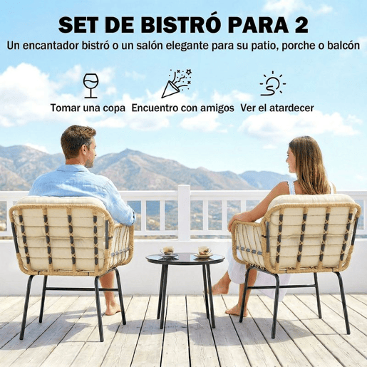 Outsunny Conjunto de Jardim Exterior de 3 Peças Mobiliário de Jardim em Ratã PE 2 Cadeiras com Almofadas Suaves e Mesa com Vidro Temperado Resistente às Intempéries para Varanda Terraço Caqui