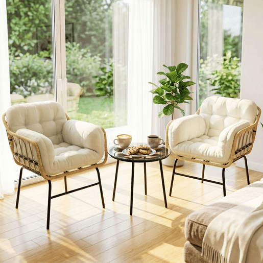 Outsunny Conjunto de Jardim Exterior de 3 Peças Mobiliário de Jardim em Ratã PE 2 Cadeiras com Almofadas Suaves e Mesa com Vidro Temperado Resistente às Intempéries para Varanda Terraço Caqui