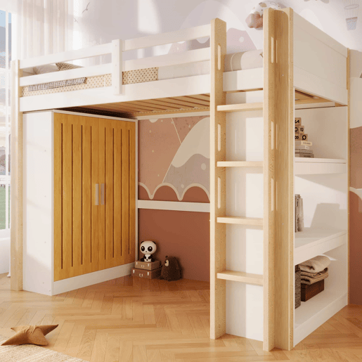 Cama alta 90x200 cm - com luzes LED, armário e estante, sem colchão - branco e natural